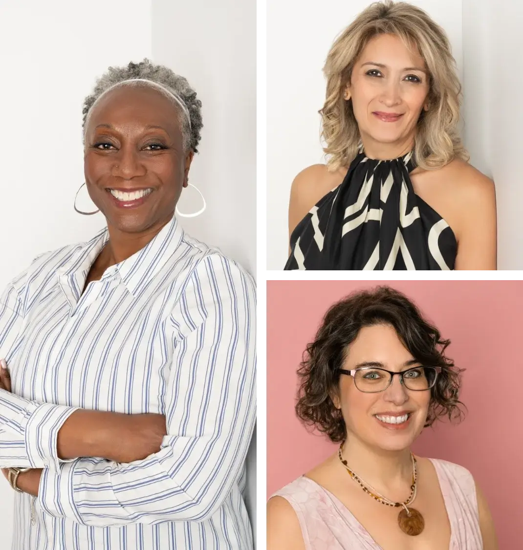 Three professional headshots by Deb Bettencourt Photography in North Attleborough, Massachusetts: a woman with silver natural hair in a striped shirt, a blonde woman in a black-and-ivory halter top, and a woman with curly dark hair and glasses against a pink backdrop.